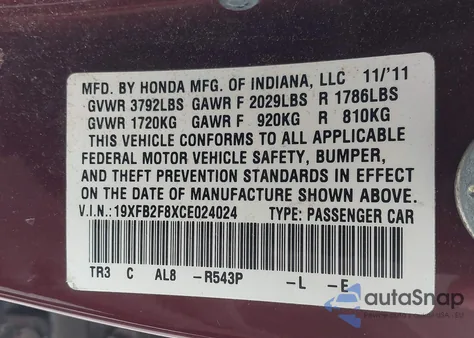 2012 Honda Civic Ex from USA, damaged, VIN 19XFB2F8XCE024024